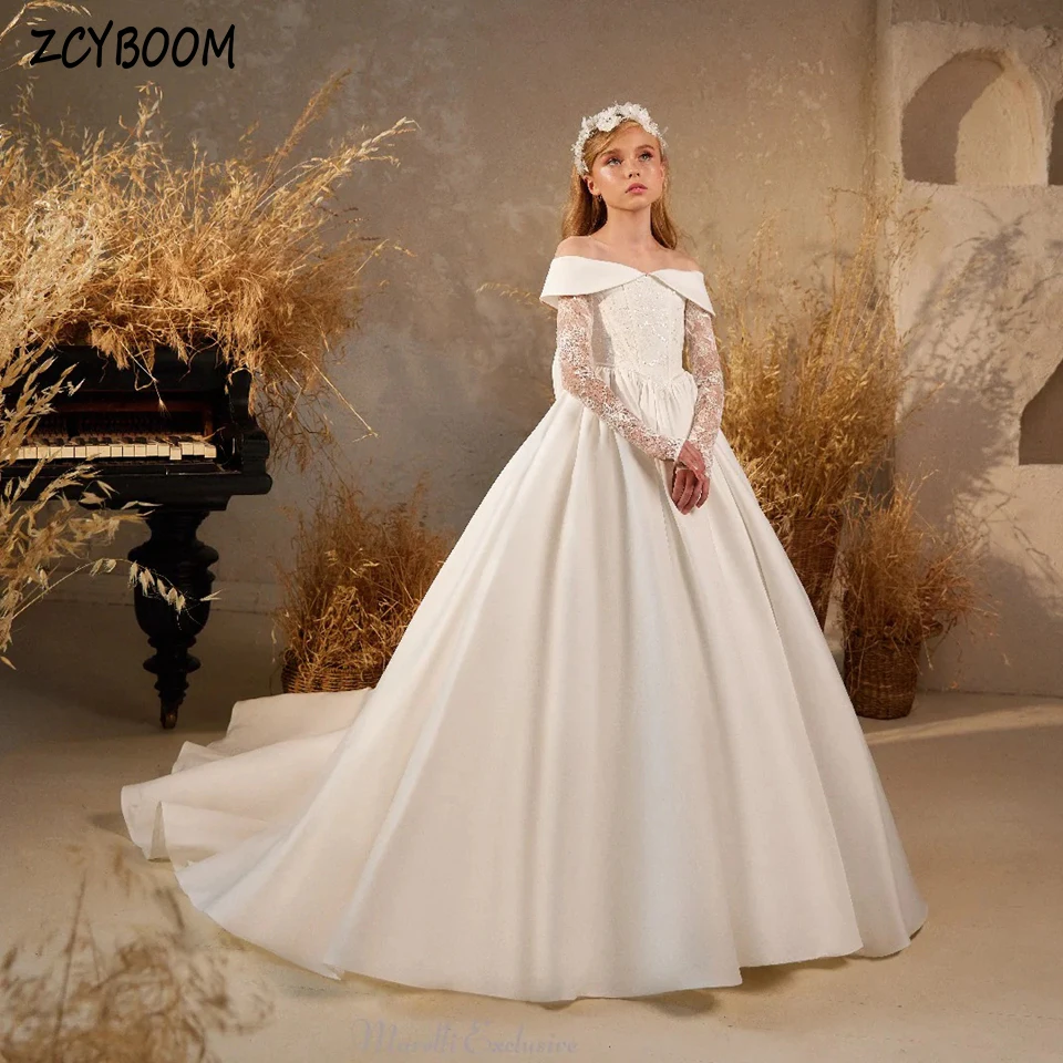 

Elegant White O-Neck Sequin Lace Bow Long Sleeves Girl Dress 2024 A-Line Floor Length Little princess First Communion Dress