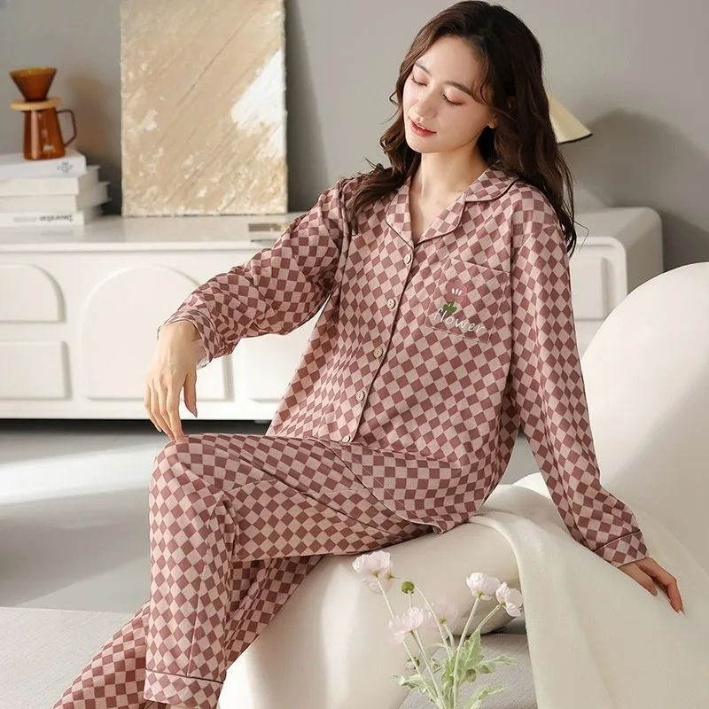 

Новинка 2024, пижама для женщин на весну и осень, свободный домашний костюм большого размера с длинным рукавом, женская модная клетчатая повседневная одежда для сна, комплекты