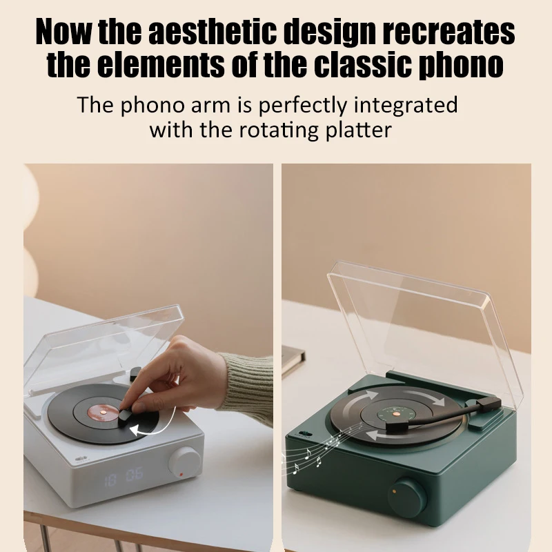 Retro Wireless Speaker Bluetooth 5.0 Stereo Music Player Desktop Alarm Clock Vintage Vinyl Record Shape Support TF Card/AUX Play