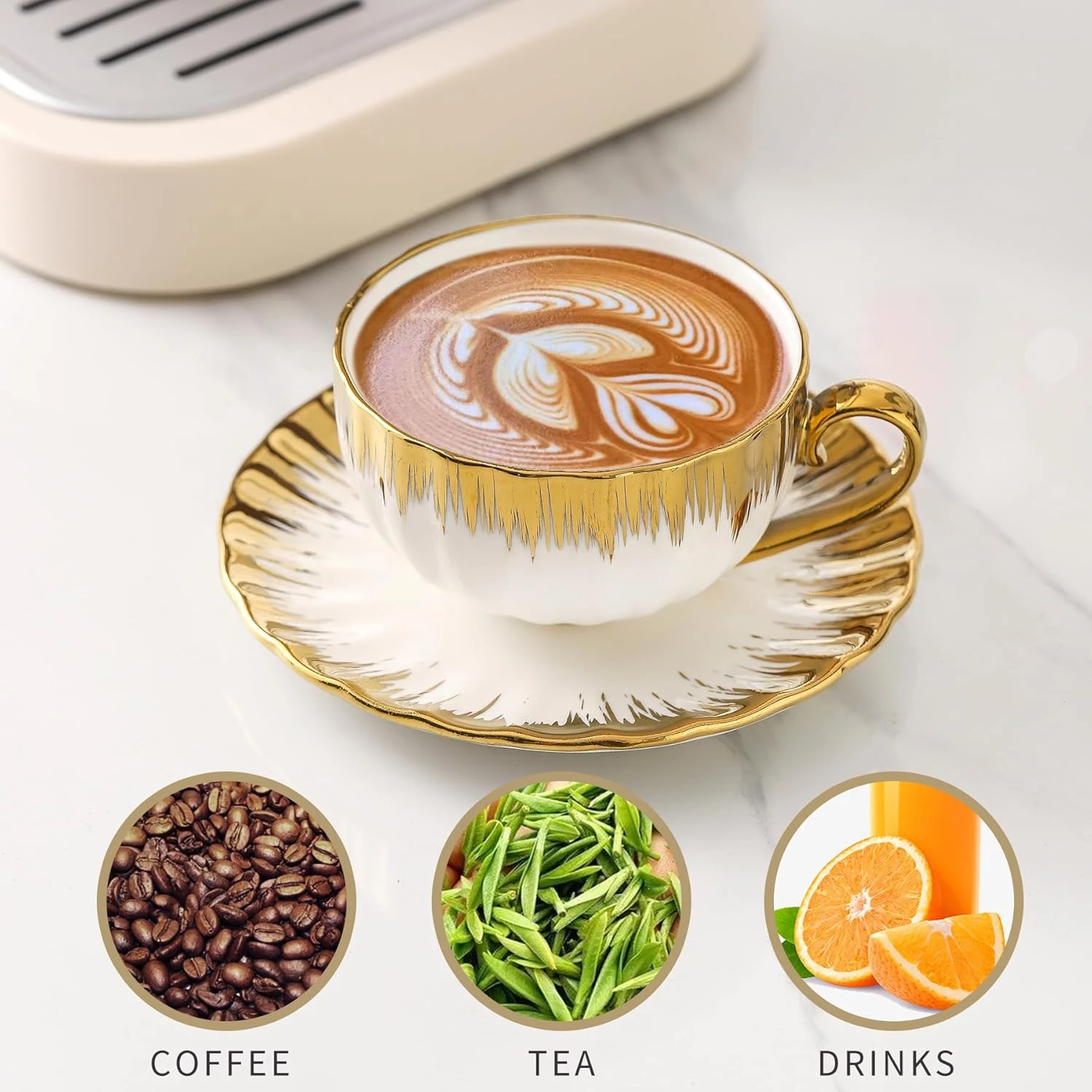 Tea Cups and Saucer, Ceramic Cappuccino Cup with Saucer 7oz Turkish Coffee Cup Set for Double Espresso, Latte,White