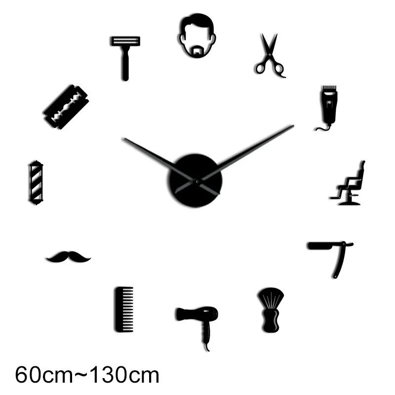 Barber Shop Giant DIY Wall Clock Modern Design Barbershop Decoration 3D DIY Wall Mirror sticker Hair Stylist Hairdresser Gift 