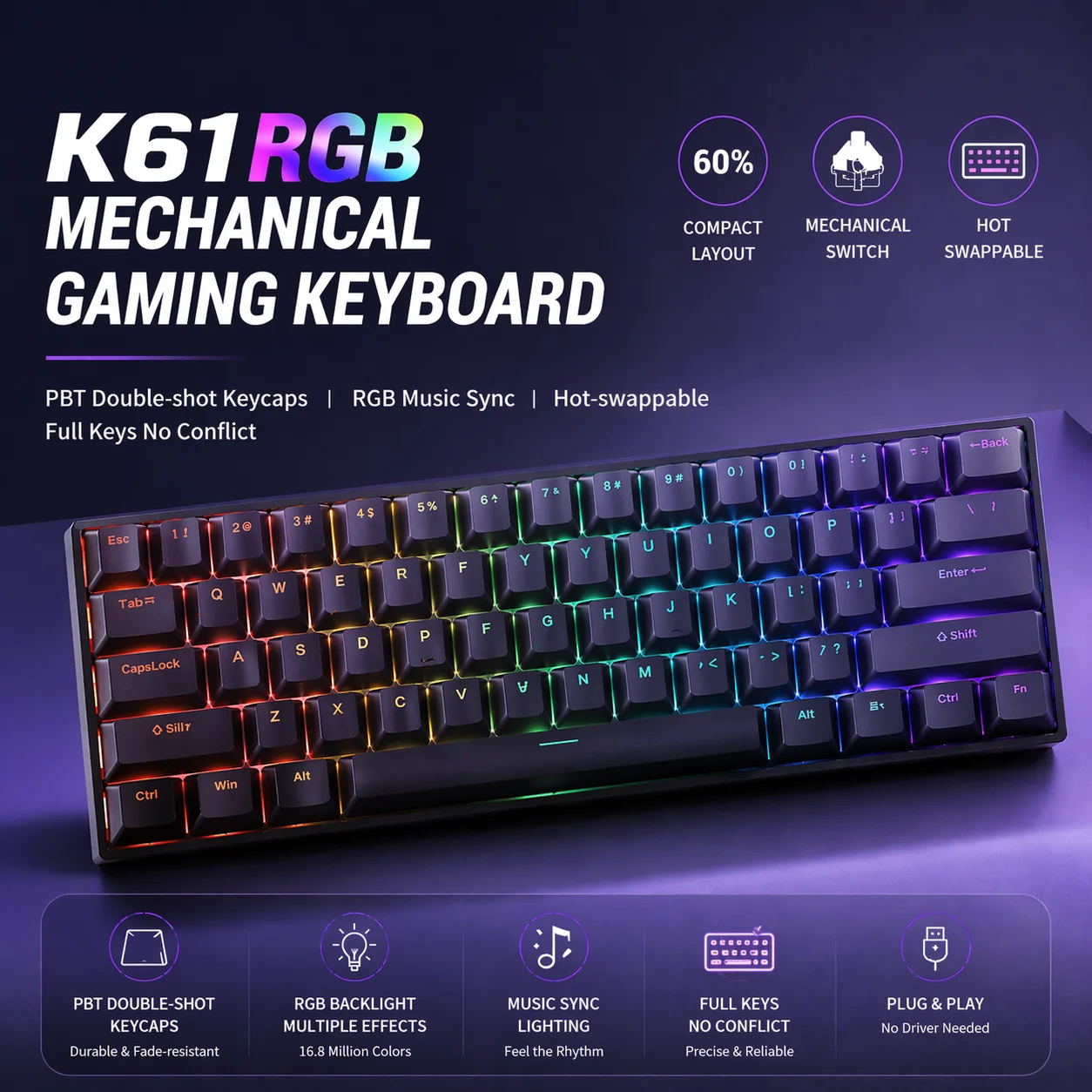K61 61키 미니 기계식 게이밍 키보드 USB 유선 핫스왑 가능 컴팩트 키보드(분리형 케이블 포함) PC 노트북 게이머용