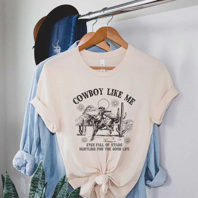 

Cowboy Like Me Western Rodeo Graphic Tees Women Vintage Boho Country Music T Shirt Desert Cactus Cowgirl Cute Retro T-Shirt Tops