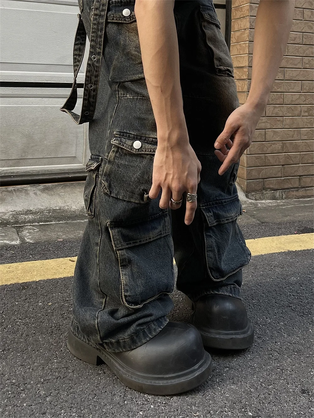 Black Cargo Jeans Men Baggy Multi-pocket Wide Leg Streetwear 