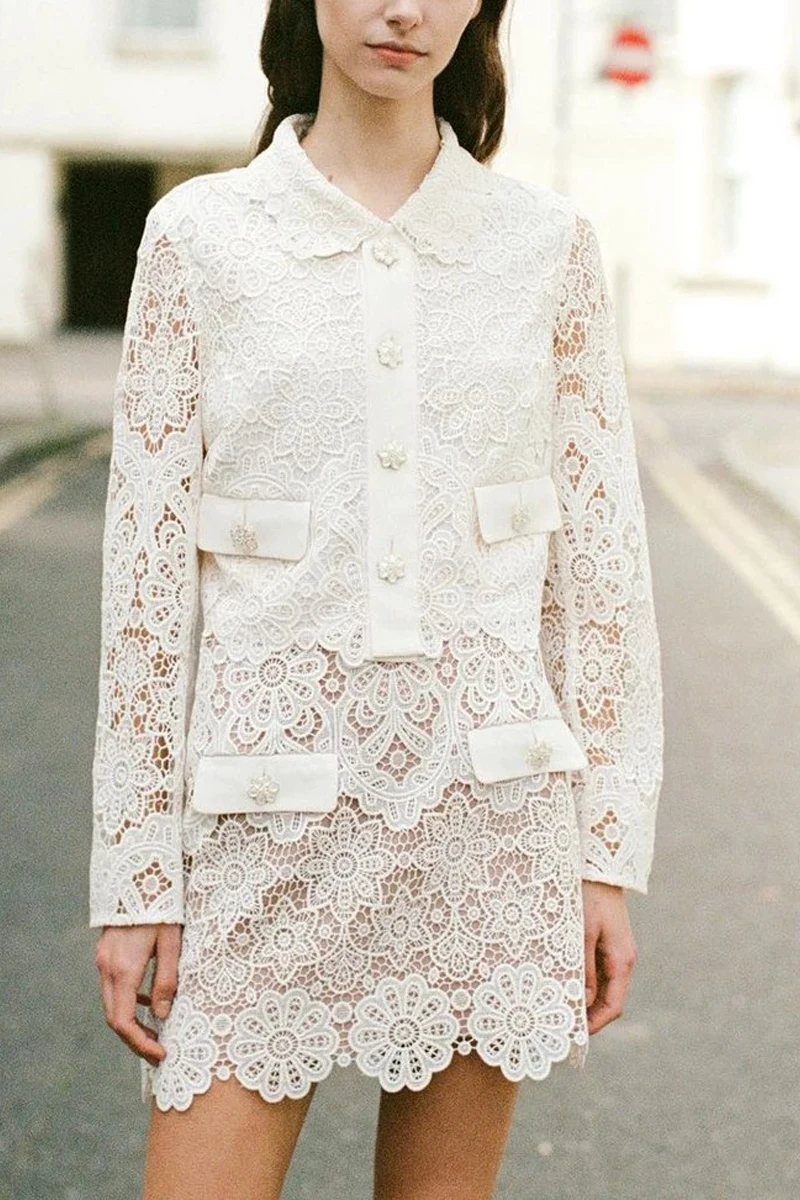 

2022 Autumn New Doll Collar Water Soluble Flower Lace Embroidery Short Coat+ High Waist A-line Skirts Set