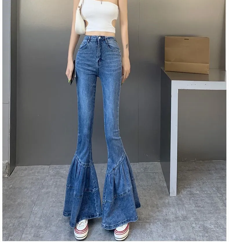 

High Waist Folds Ruffled Big Flare Jeans Womens Spring Summer Simple Style Slim Fit Casual Straight Trousers Female