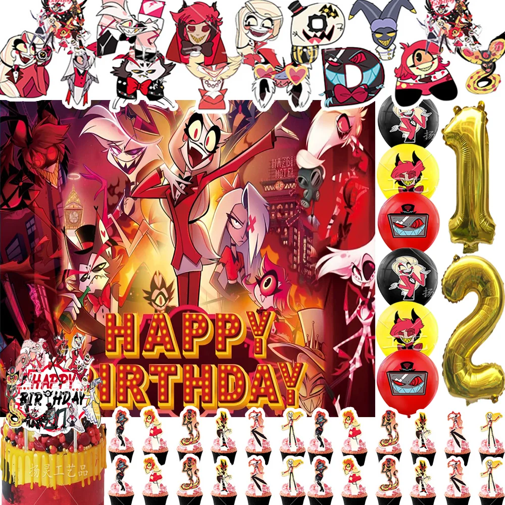 Hazbin Hotel Thema Geburtstag Party Supplies Film Hazbin Hotel Ballon Cupcake Topper Banner Hintergrund Baby Shower Geschenk Requisiten