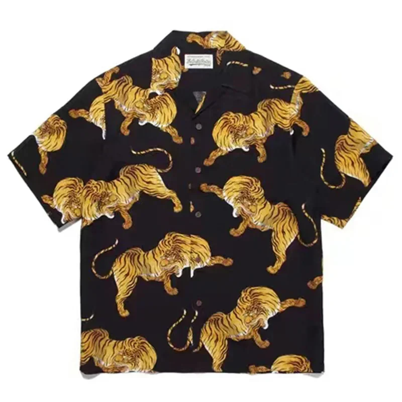 

24ss Oversized Black WACKO MARIA Tiger Short Sleeved Shirts Women's 1:1 Short Sleeved Hawaiian Shirts