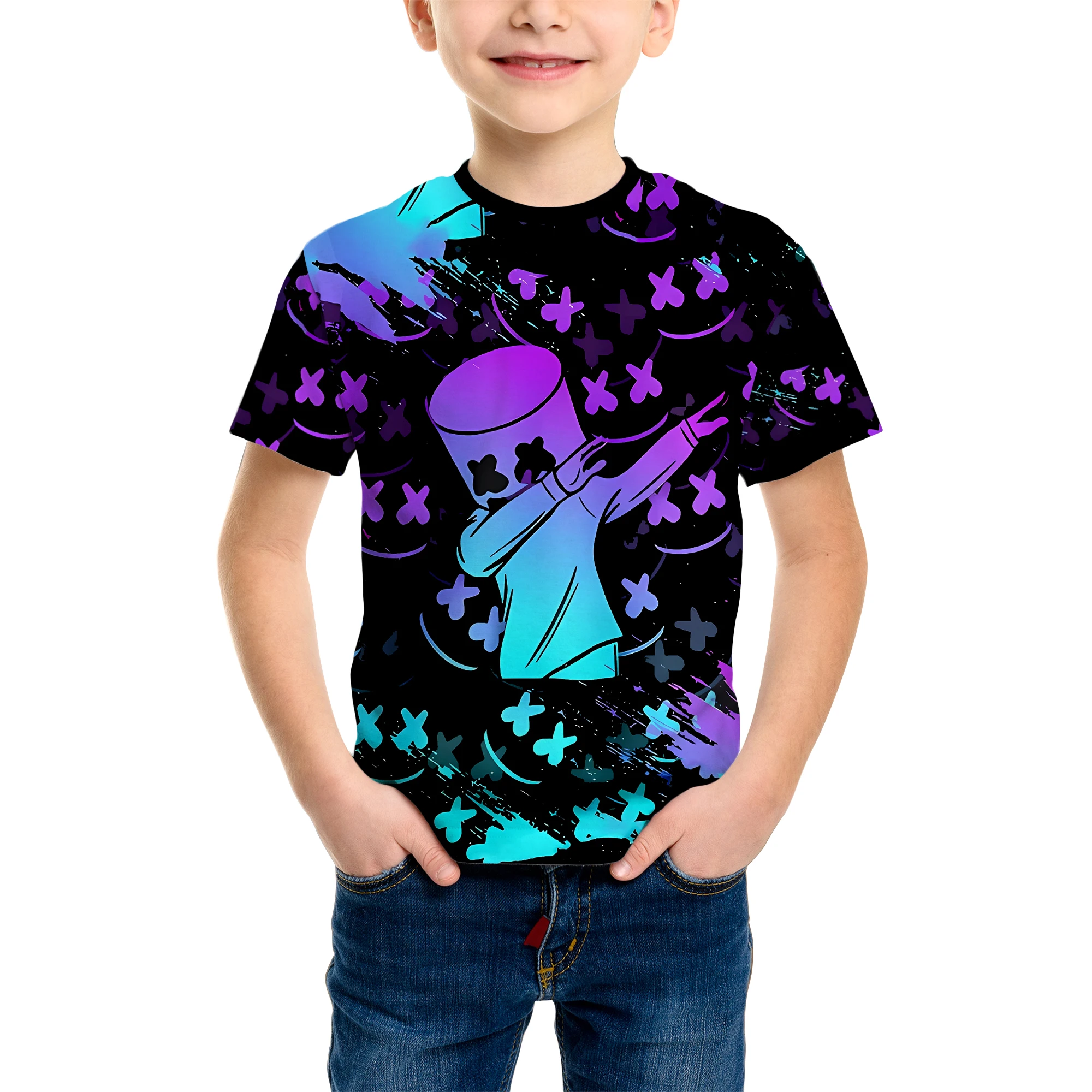 تي شيرت مطبوع ثلاثي الأبعاد للأولاد - تصميم كاجوال برقبة دائرية وأكمام قصيرة للشباب