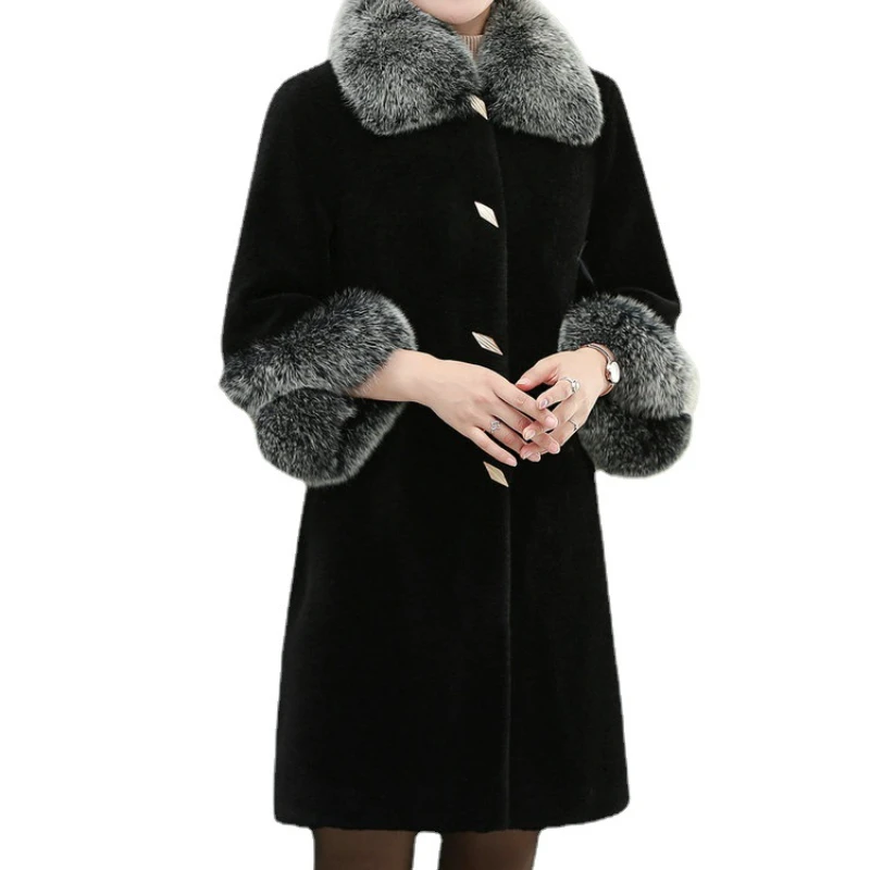 Cashmere Coat Women's Full Shearling Fur Fox Fur Collar Mom's New Fur All-in-one Mid-length Coat for Winter