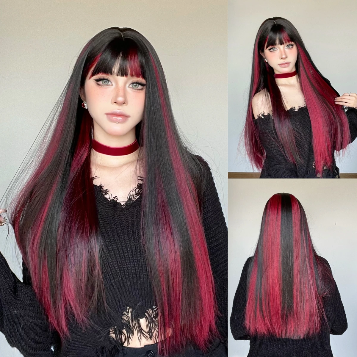 Perruque Longue Femme Rouge - 100% Synthétique, Frange, Bonnet Moyen, Raie Libre