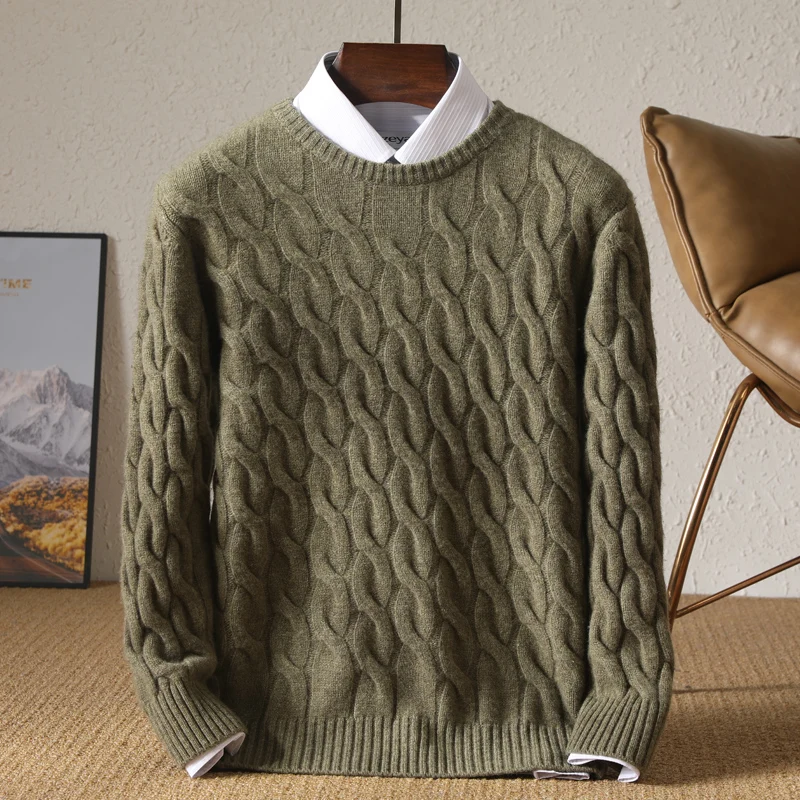 Autumn Winter Thickened Cashmere Sweater 100% Merino Wool Men's Top O-Neck Twisted Pullover Knitted Loose Long Sleeve Sweater 2