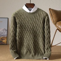 Autumn Winter Thickened Cashmere Sweater 100% Merino Wool Men's Top O-Neck Twisted Pullover Knitted Loose Long Sleeve Sweater 2