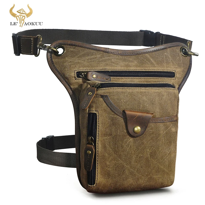 

Canvas+Thick Cow Leather Small One Shoulder Bag Design Travel Fanny Belt Waist Pack Drop Leg Thigh Bag Pouch For Men Male 211-5