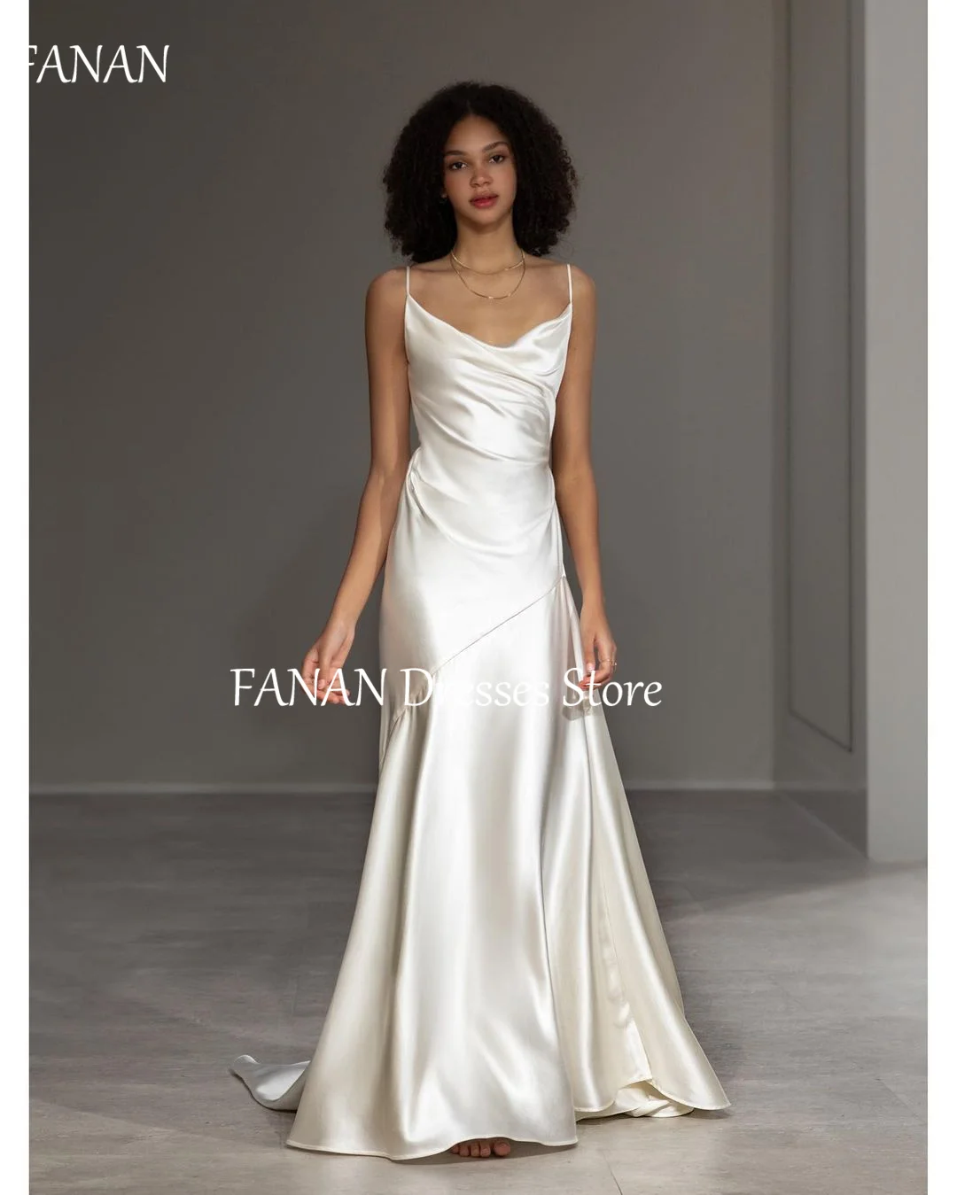 

FANAN Sleeveless Korea Sheath Ivory Spaghetti Straps Wedding Dresses Silk Satin 웨딩드레스 Ruched Custom Made Bride Gowns Plus Size