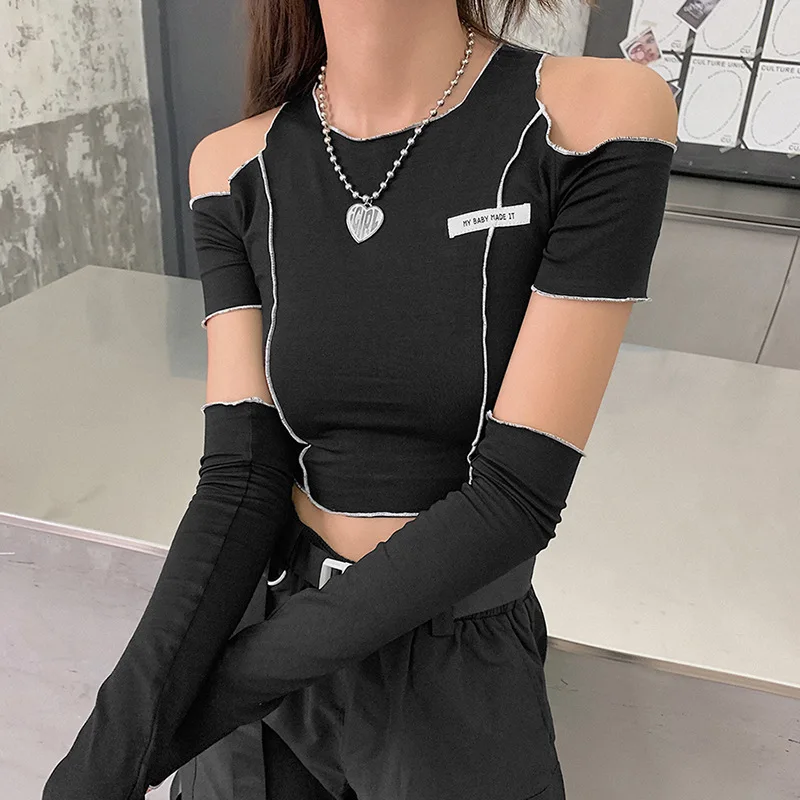 QWEEK Gothic Techwear T-shirts Women egirl Patchwork Y2K Hippie Harajuku Black Long Sleeve Tops | Женская одежда