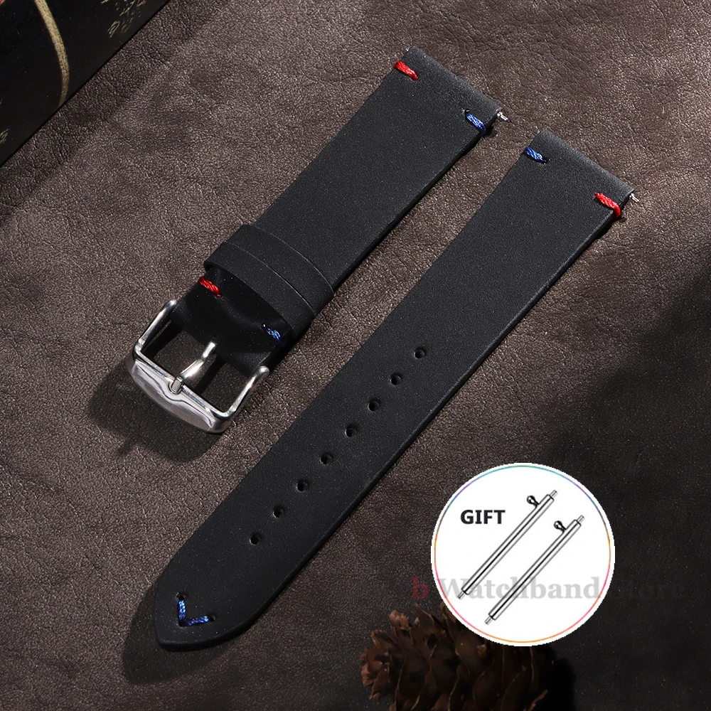 Vintage Cowhide Leather Quick Release Watch Strap with Stitching Details