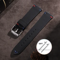 Vintage Cowhide Leather Quick Release Watch Strap with Stitching Details - 22mm (Black)