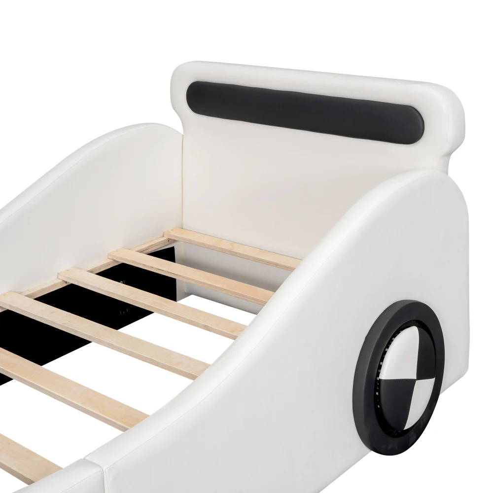 Gelbes PU-Leder-Autobett für Kinder, gepolstert, 90 x 200 cm, mit leuchtenden Rädern, Kinderbett für Jungen und Mädchen, Schlafzimmermöbel – Detail 31