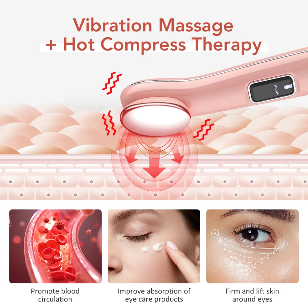 Facial Beauty Device Eye Massager Wand 3 Hot Compress Vibration Skin Care Tool for Relax Eye Dark Circles Eye Bags Puffiness