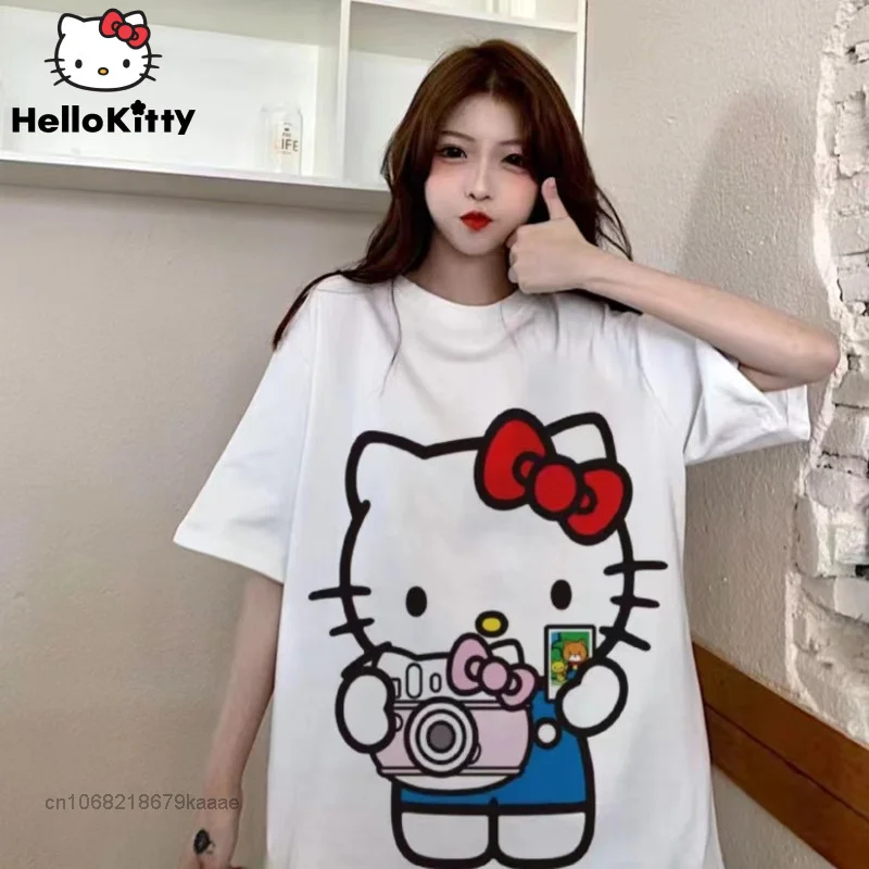 Camiseta de manga curta feminina, blusa preta, kawaii, sanrio, hello kitty,  anime, novo, elegante, estampado, verão, temperamento, y2k, anime