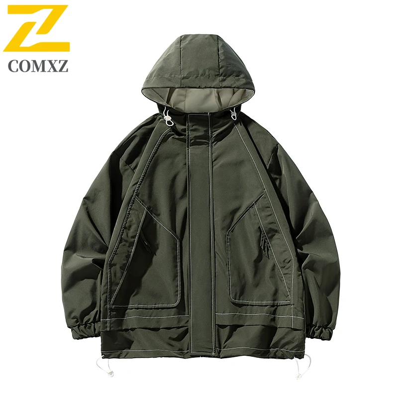 Men Casual Sports Hooded Jacket Autumn Water-Resistant Windbreaker Loose Fit Outdoor Coat Lightweight Breathable Streetwear Top