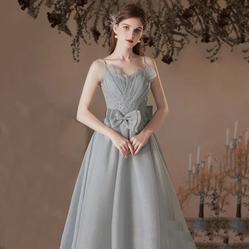 

Sexy Spaghetti Strap Long A Line Prom Dress Backless Evening Dress Woman Grey Beading Formal Party Gown