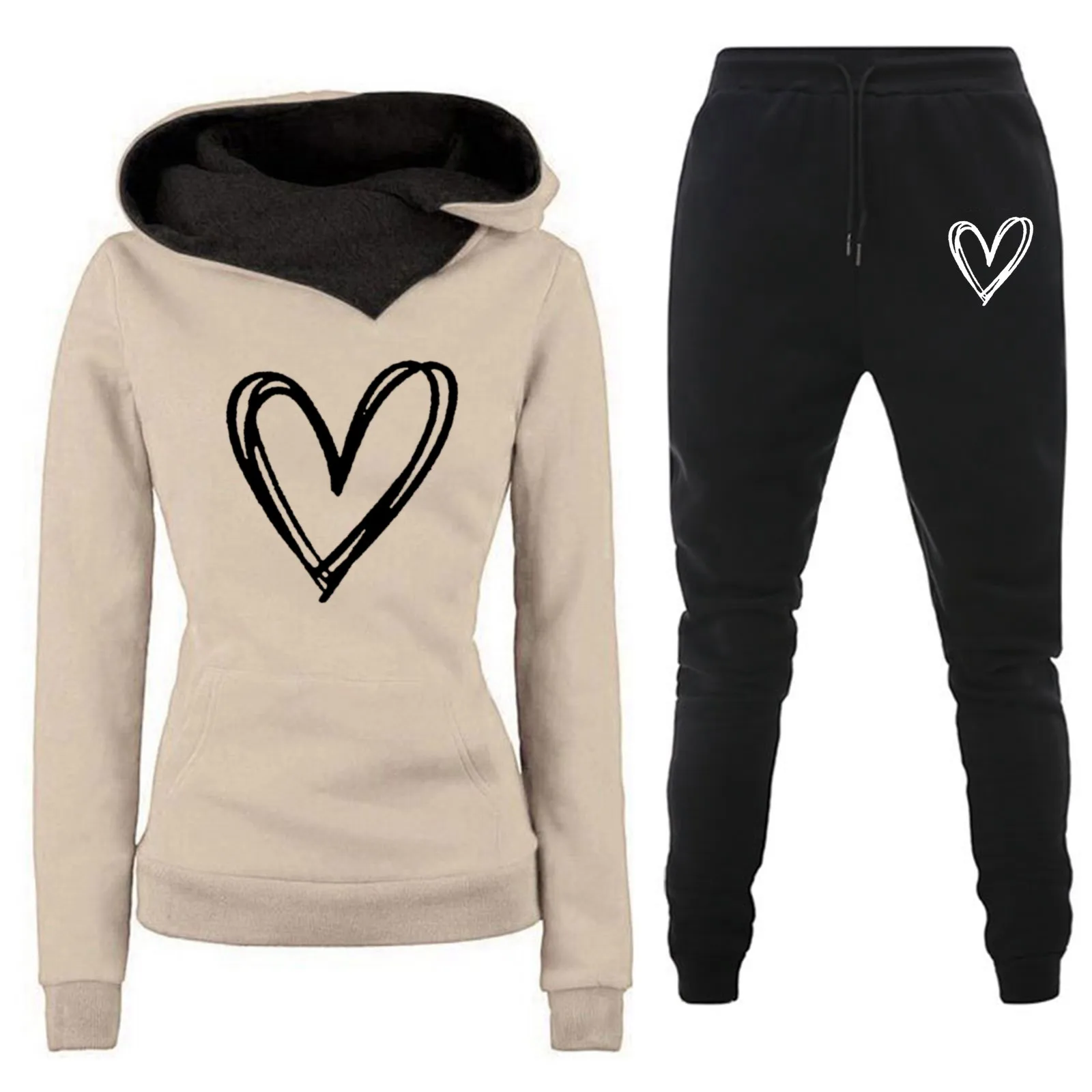 

Two Piece Sets Women Tracksuit Outfits Tracksuits Long Sleeve Heart Print Sweatshirt Long Pants Sports Suit Sportswear Female