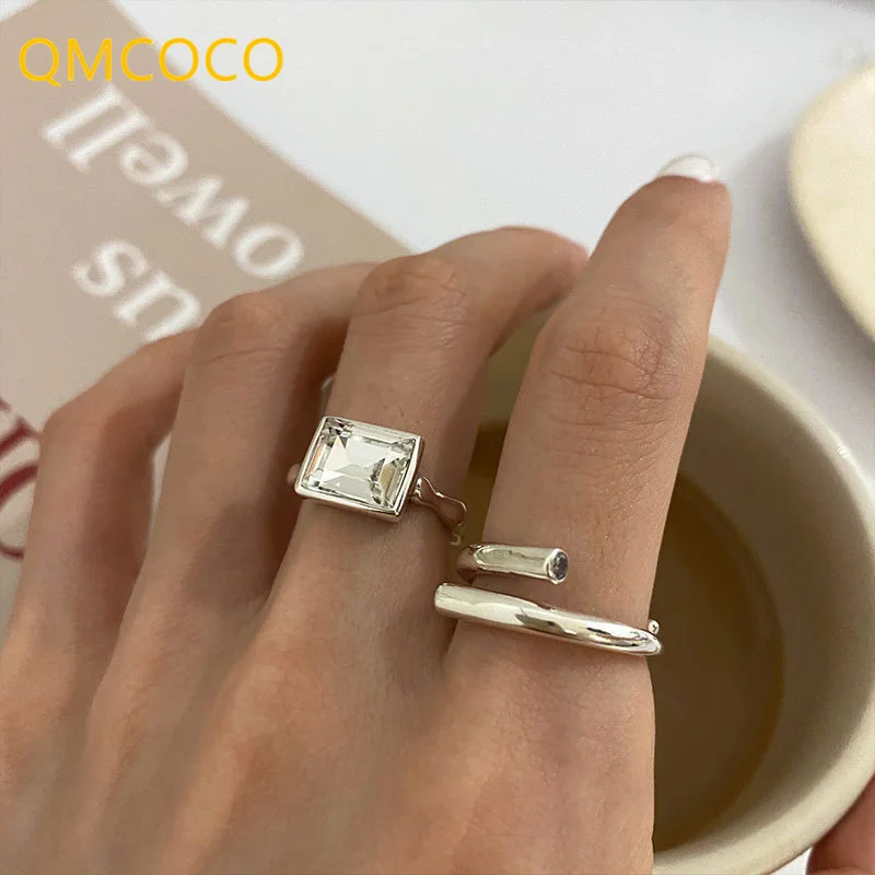 2025 Fashion Style QMCOCO silver custom zircon square wide ring, suitable for charming women's fashionable, elegant and simple geometric_voghion.com