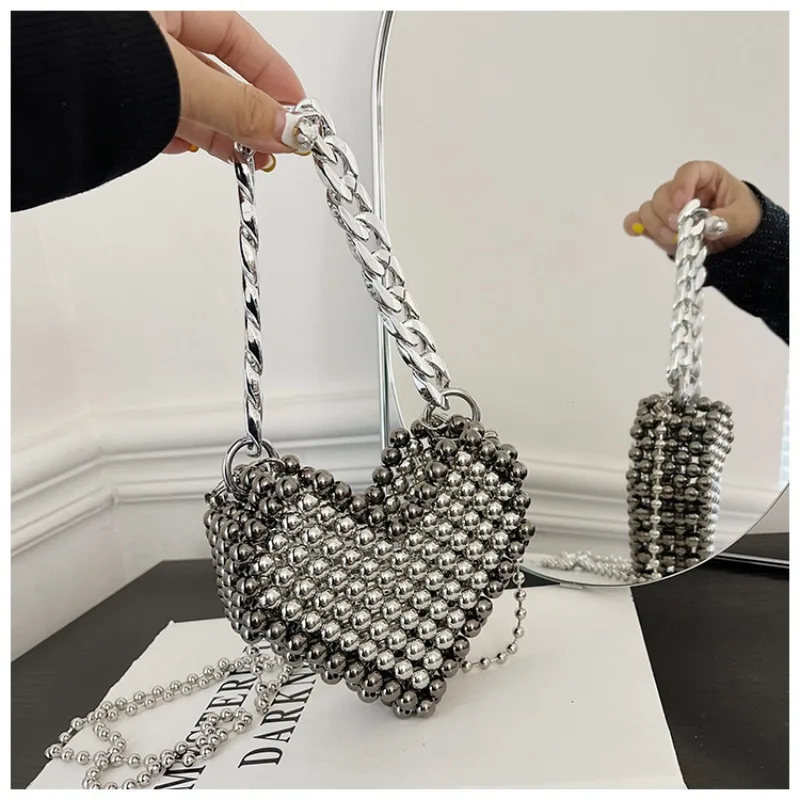 

Mini Women's Beaded Love Knitted Handbag 2024 Summer New Evening Bag Ins Lipstick Wallet Chain Cross Shoulder Bags for Woman