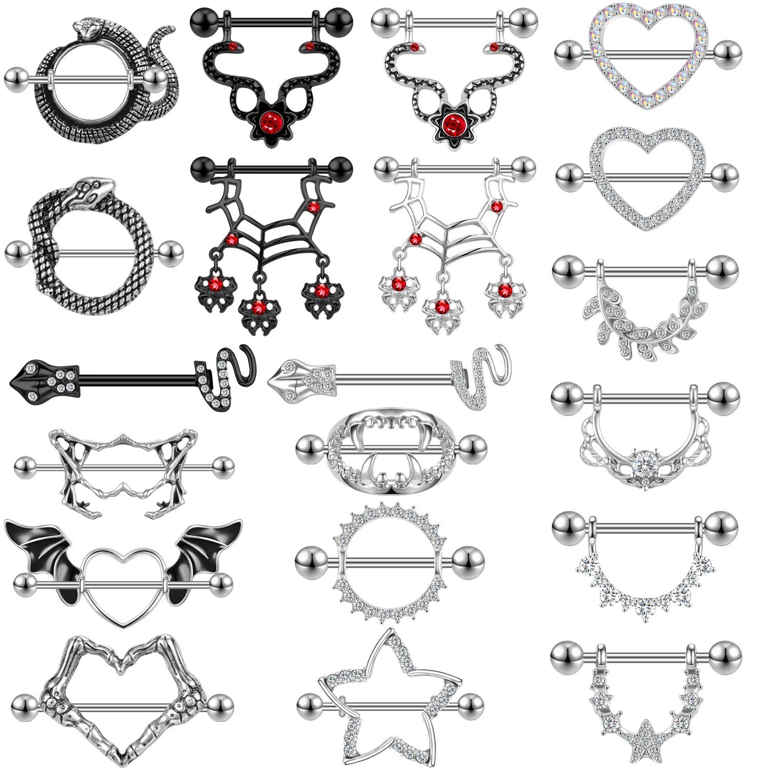 1 1/2 Skeleton Hand Heart Nipple Barbell Shield Set