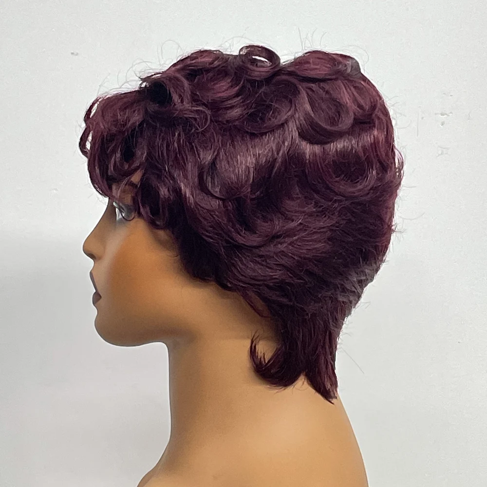 Full Machine Made Wigs Brazilian Remy Hair Pixie Cut Wig Short Bob 100% Human Hair Curly Wig With Bangs Glueless For Black Women