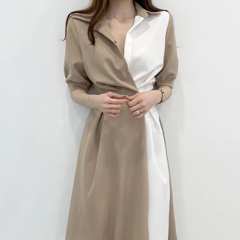 

South Korea summer French minority lapel design sense collision color stitching a buckle waist short sleeve dress women
