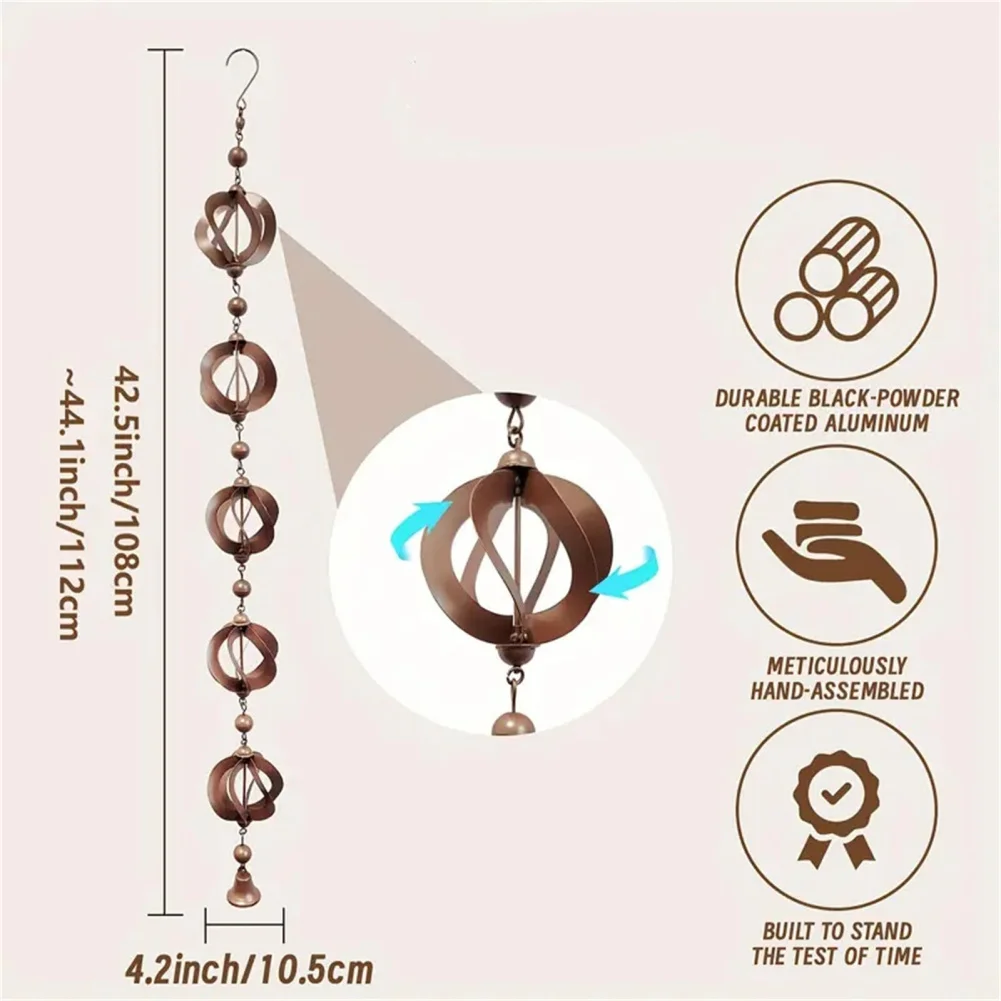 Outdoor Hanging Rain Chains For Gutters Downspouts Rotating Rain Catcher Chain With Bell Retro Wind Chimes Metal Garden Decor