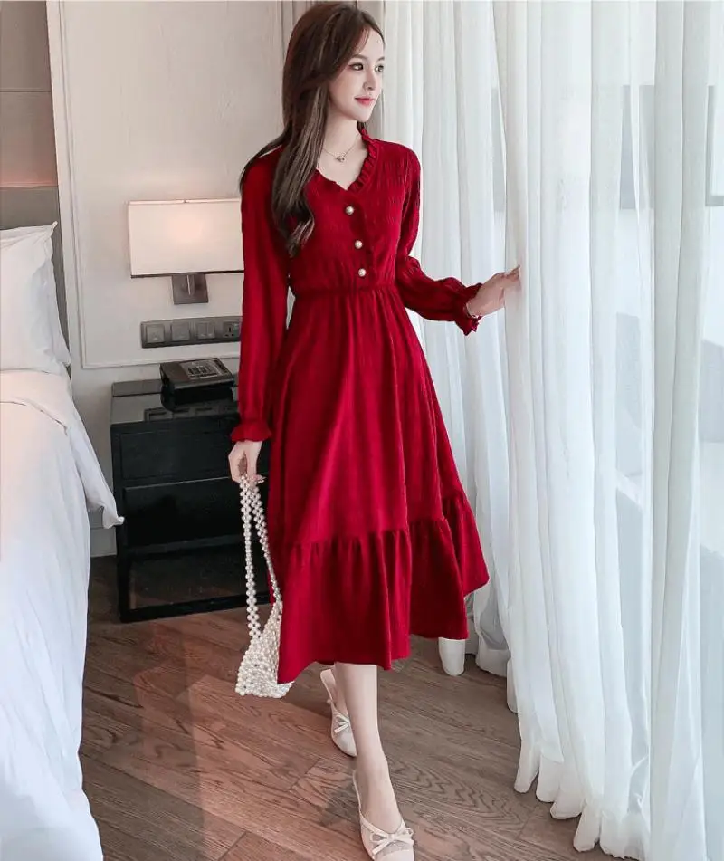 

2023 New V-Neck Long Sleeved Fairy Personality Korean Fashion Dress Street Dresses Retro Style Mid Length Waist Show Thin Casual