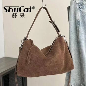 Fashion Autumn Winter Big Boston Tote Soft Matte Suede Cow Leather Women's Handbag Shoulder Crossbody Bag For Women Grey Brown