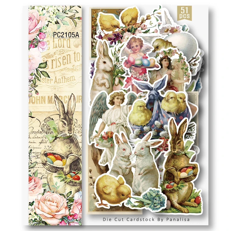 51PCS Vintage Art Angel Rabbit Rose Material Pack DIY Scrapbooking Primer Collage Diary Album Happy Plan Gift Decoration