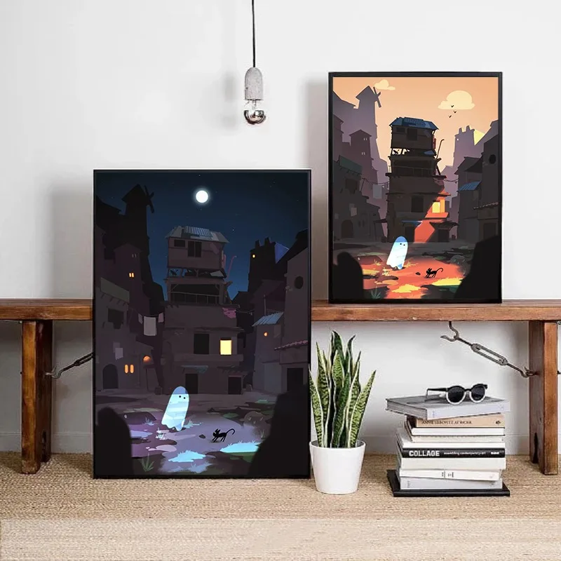 Anime Petit Fantome Poster Fantasmi E Gatto Nero Nella Notte Stampe Su Tela Pittura Wall Art Picture Living Cafe Room Home Decor
