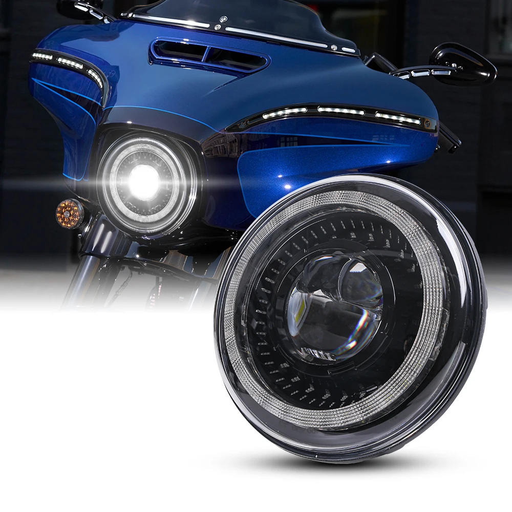 

Универсальные 7-дюймосветодиодный светодиодные фары для Harley Touring Road King, ультраклассический Электрический налобный фонарь с кольцом Halo DRL, лампа поворота