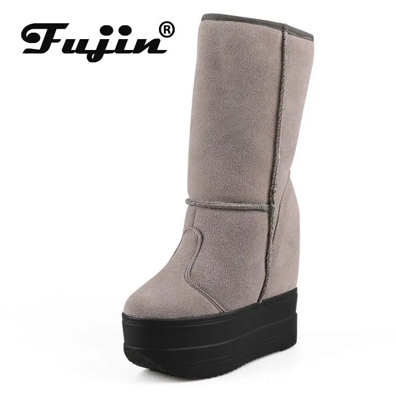 

Fujin 14cm Platform Wedge Ankle Booties Autumn Warm Shoes Winter Plush Women Cow Suede Genuine Leather Boots Spring Warm Slip On