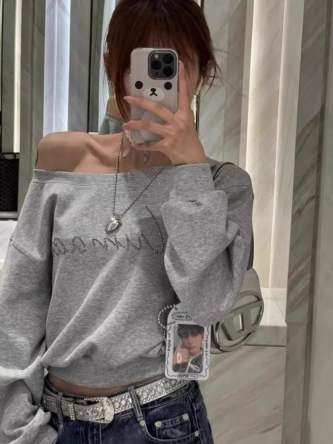 Cropped Off-Shoulder Hoodie - Womens Baggy Fashion Sweatshirt Aesthetic Streetwear