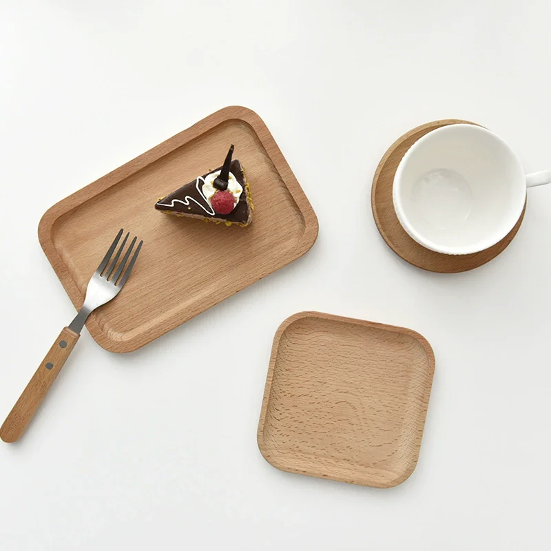 1PC Japanese-Style Tableware Solid Wood Dessert Plate Wooden Tray Snack Plate Fruit Plate Beech Oval Tray Cup Pad Coaster Plate