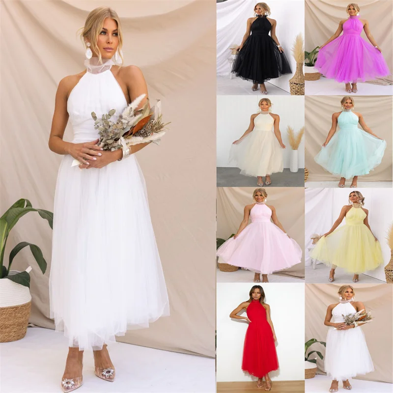 

Holiday Ladies Fresh Beach Style A-line Dress Summer Solid Color Sleeveless Mesh Stitching Elegant Dress