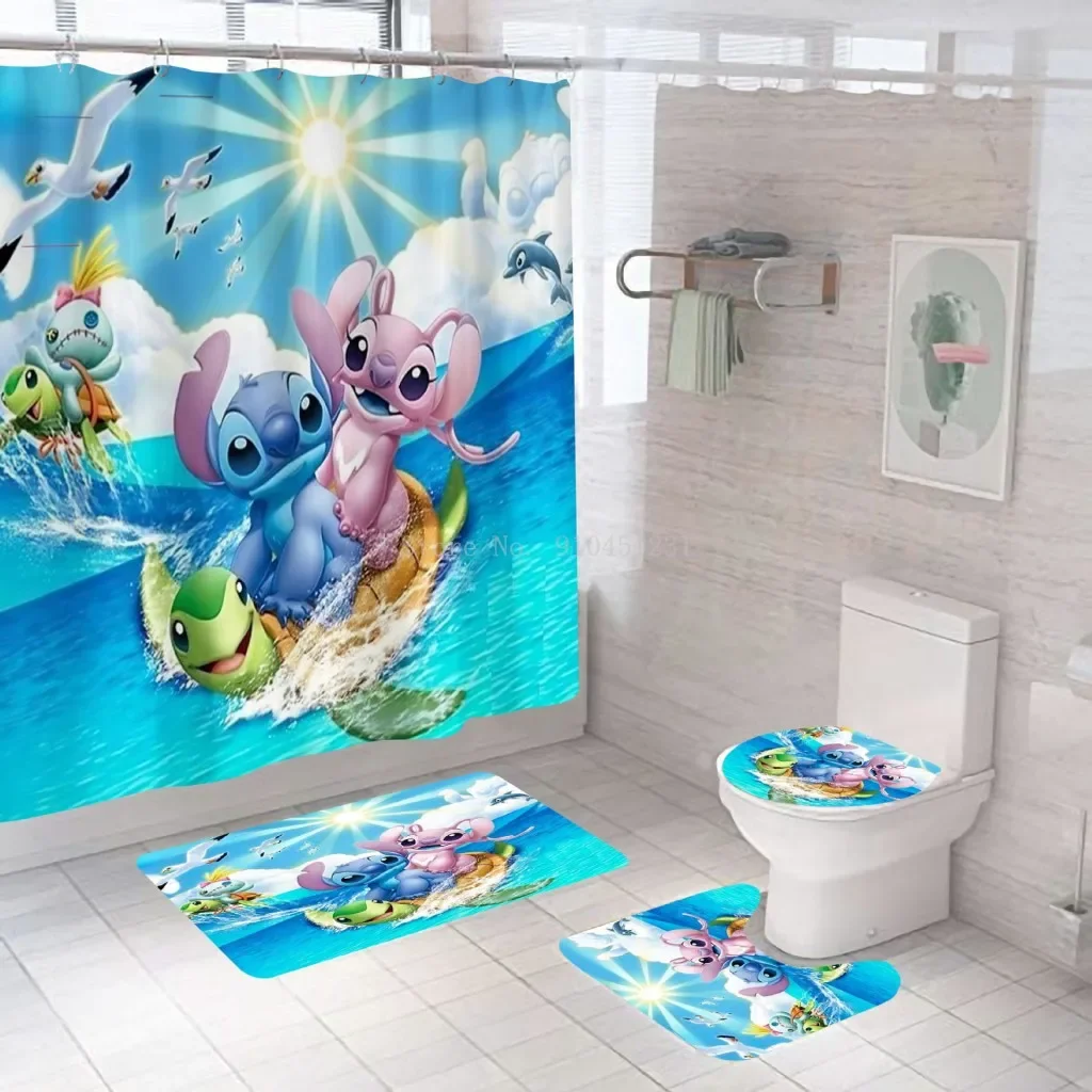 Hot Disney 3D Lilo & Stitch Waterproof Bathroom Shower Curtain in the Bathroom with Hook Set Soft Bath Mat Toilet Carpet Rugs