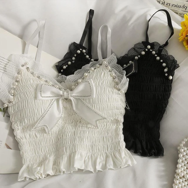 Summer Lace Bow Camisole for Women Pleated Crop Tops Vintage