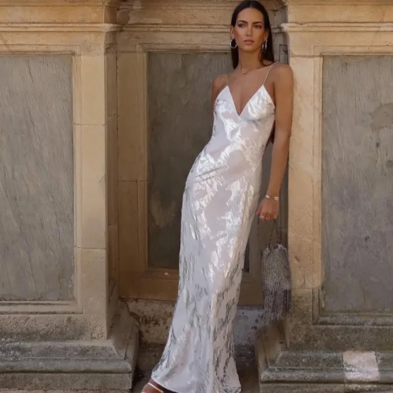 

2024 New Fashionable Women's Dress Metal Print Sling Dress Elegant and Sexy Backless Prom Evening Dress with High Sense Fairy