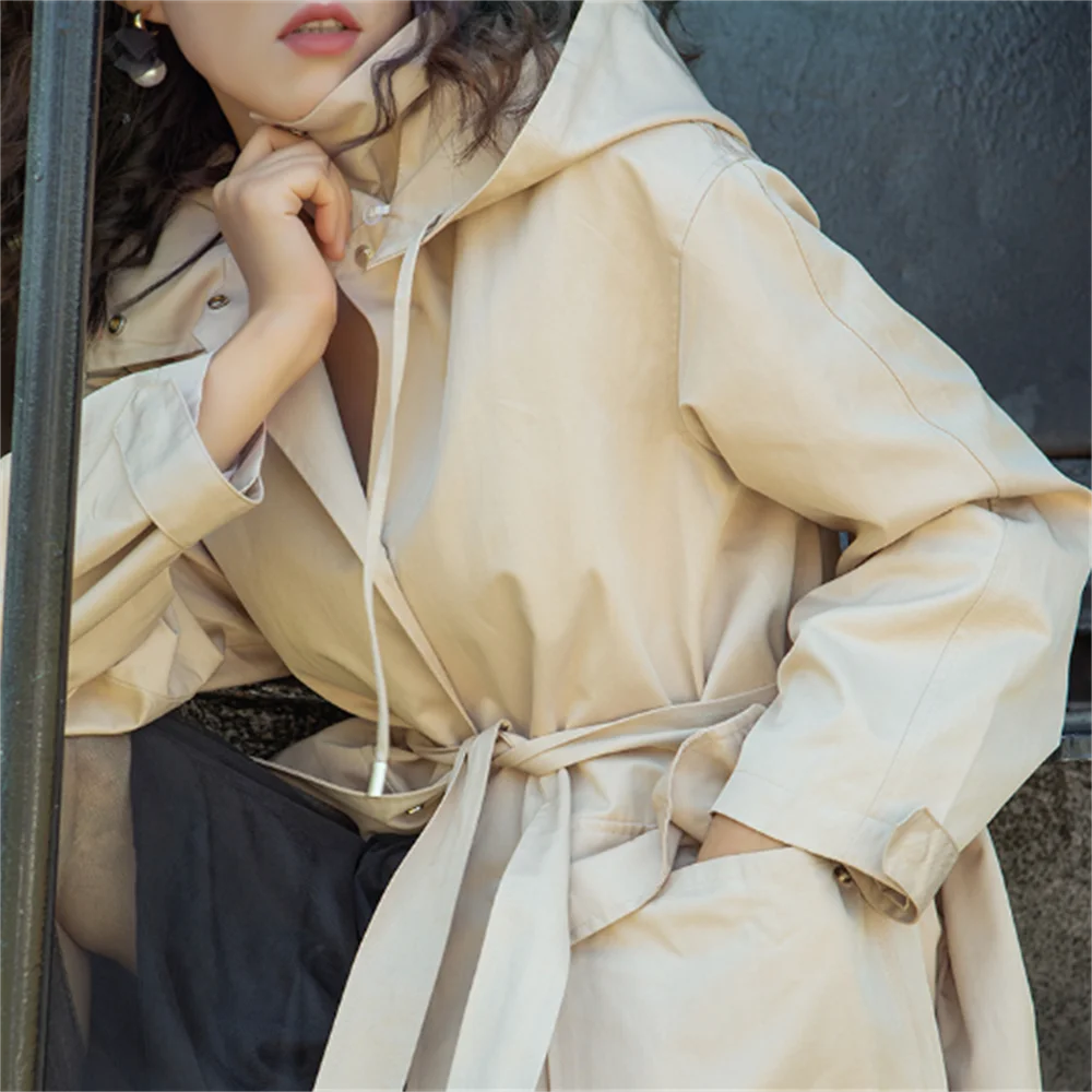 

Женский Длинный тренчкот с капюшоном, Повседневная Свободная ветровка с поясом, весна-осень 2023