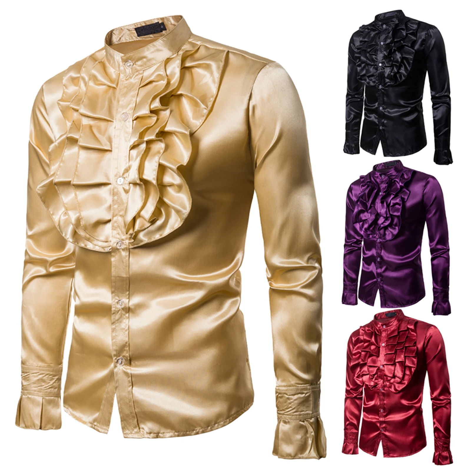 

Men Vintage Satin Ruffle Shirts Long Sleeve Stand Collar Solid Color Slim Fit Dress Shirt Business Party Tops