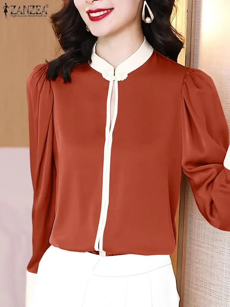 

2023 Autumn Long Sleeve Tops ZANZEA Women Fashion Colorblock Blouse Vintage Stand Collar Shirts Holiday Neckline Buttons Tunics