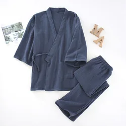 Unisex 100% Cotton V - Neck Kimono Pajamas and Bathrobe Set - XL (Men gray - blue)